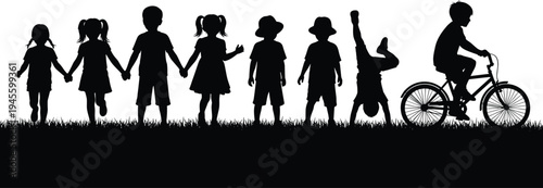Black silhouette illustration of eight children outdoors holding hands, playing, cycling, and performing activities, representing childhood fun, friendship, outdoor play, and creative artwork design