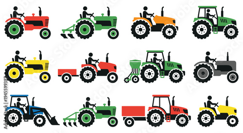 Colorful set of tractor icons showing various farm vehicles in action