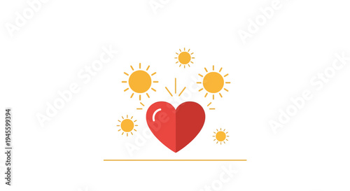 Red Heart Symbol with Sun Rays and Small Sun Icons on White Background