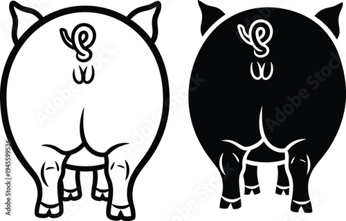 A black and white illustration of two pigs with their backsides facing the viewer each with a distinctive marking on their rear