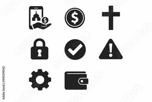 Black and white icons: mobile payment, currency, religious symbol, security, checkmark, alert, gear, wallet
