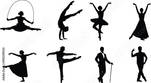 Black silhouette illustration of eight diverse dancers performing ballet, tap, spin, and casual poses, artwork concept for dance, performance, movement, entertainment, and design projects