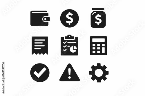 Finance icons set including wallet, dollar, checklist, calculator, gear
