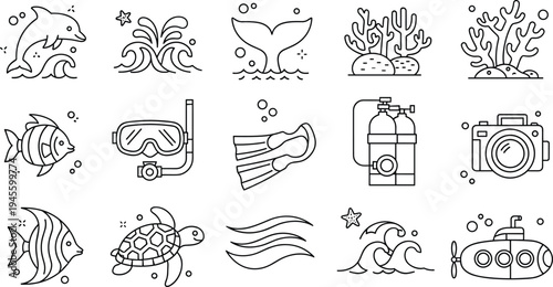 Underwater Marine Life Line Icons Set with Dolphin Fish Coral Scuba Diving Camera and Submarine Vector