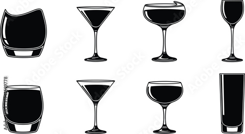 Black silhouette illustration of eight drinkware glasses including martini, coupe, wine, tumbler, and shot glass, representing cocktail design, bartending artwork, and beverage service inspiration