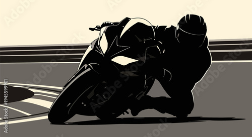 Silhouette of a Motorbike Racer Leaning into a Sharp Turn on the Track.