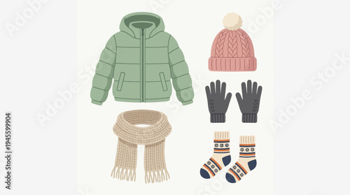 Winter Clothing Essentials Set Illustration – Jacket, Hat, Scarf, Gloves and Socks Flat Design