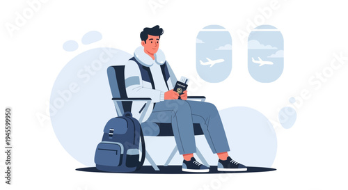 Man sitting in airplane seat with passport and backpack, waiting to travel