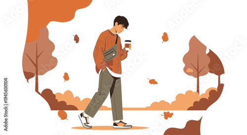 Man walking in autumn park holding coffee and laptop, falling leaves, flat design