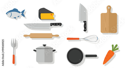 Assorted food and cooking including fish knife cutting board carrot kitchen utensils cooking tools