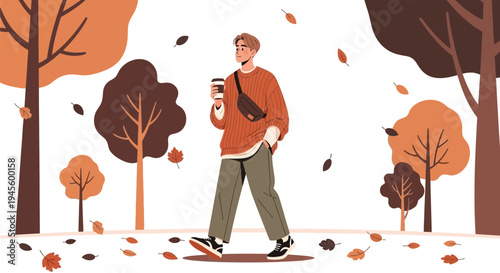 Man walking in autumn park with coffee, falling leaves, flat illustration