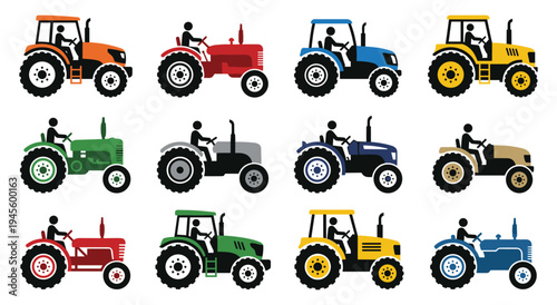 Colorful collection of tractor icons in different colors with drivers