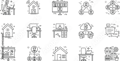 Remote Work and Home Office Line Icons Set with Video Meeting Network Communication and Online Collaboration Vector