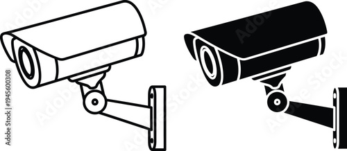 A line drawing of two different security cameras mounted on walls
