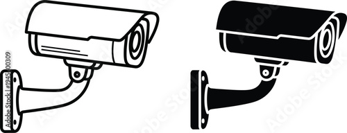 A line drawing of two security cameras side by side one white and one black