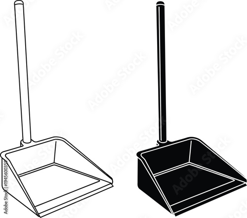 Two dustpans with long handles one transparent and one opaque for cleaning and sweeping purposes