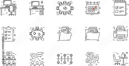 Office Workflow and Task Management Line Icons Set with Meeting Calendar Documents and Printing Vector