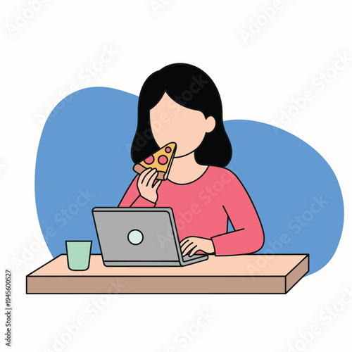 Woman eating pizza and working on a laptop at a desk with a glass of water, illustrating multitasking or a working lunch.
