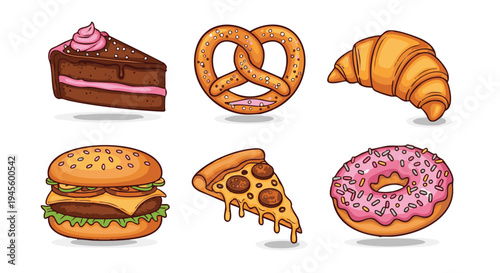 Assorted food on white background chocolate cake pretzel