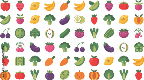 Fresh fruits and vegetables collection healthy organic food assortment colorful vector illustration isolated on white backgroundPrint