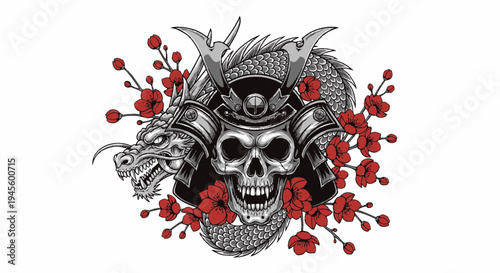 Samurai Skull Dragon and Red Flowers, Japanese Warrior Art