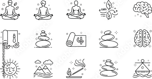 Meditation Yoga and Mindfulness Line Icons Set with Lotus Pose Spa Stones Brain Calm and Nature Vector