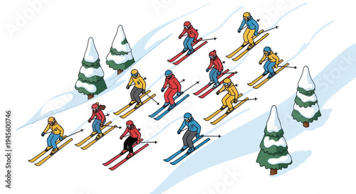 Group of skiers descending a snowy mountain slope with trees