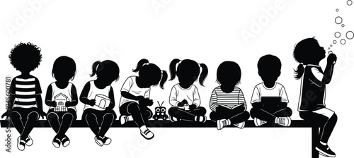 Black silhouette illustration of nine children sitting on bench engaged in activities like reading, drawing, playing, and interacting, representing childhood creativity, learning, and play artwork