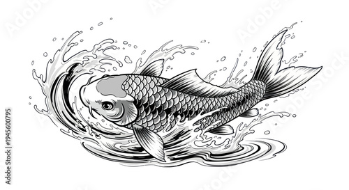 Koi Fish Jumping Through Water Splash, Black and White Line Art