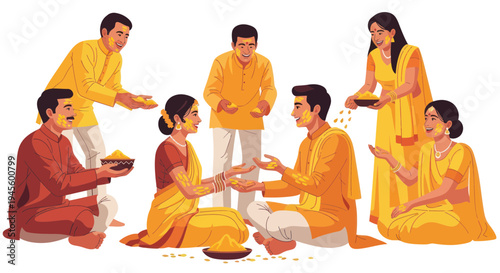 Indian Haldi Ceremony: People Applying Turmeric Paste for Wedding Rituals