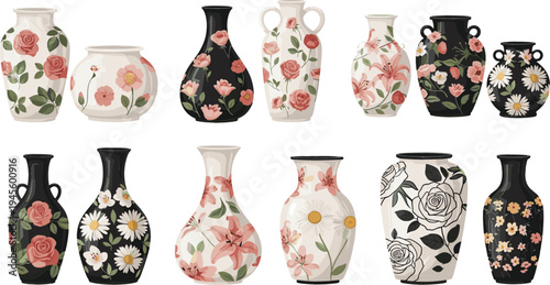 Floral Ceramic Vase Collection Featuring Elegant Black and White Designs with Roses, Daisies, and Floral Patterns for Home Decor Graphics