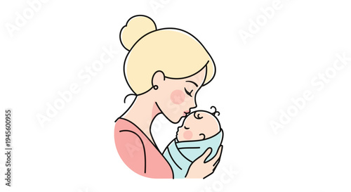 Mother Kissing Newborn Baby on Forehead.