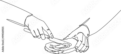 continuous line drawing of hands holding knife spreading butter on slice of bread, line art vector illustration