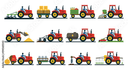 Red tractor icons depicting various agricultural activities and attachments