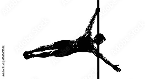 Silhouette of a Muscular Man Performing Pole Dance Moves.