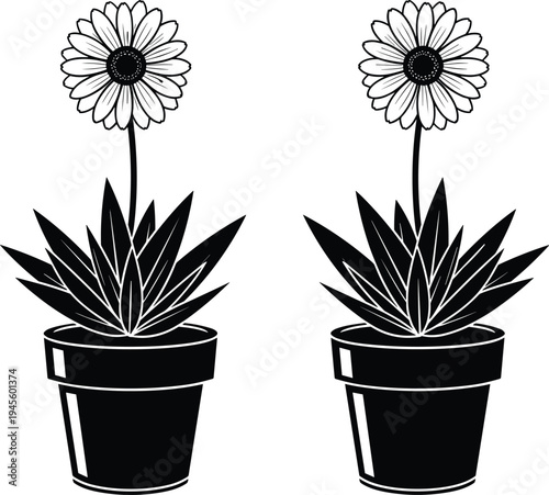 Black silhouette illustration of two identical potted flower plants with long stems, petals, and leaves, symbolizing gardening, nature, decoration, symmetry, and creative artwork projects