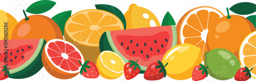 Summer fruit banner with oranges lemons strawberries and grapefruits ripe juicy fruits vector illustration isolated