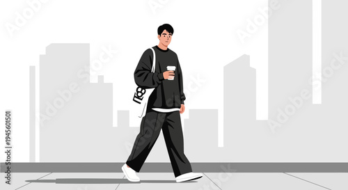 Man walking with coffee and bag in city, modern lifestyle illustration