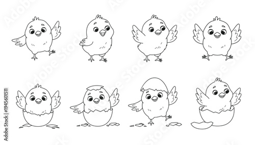 Collection of a cute little chicks just hatched from its eggshell - coloring book elements. Vector illustration isolated on a white background