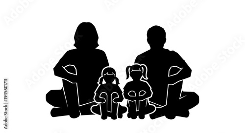 Silhouette Family Parents Children Sitting Together.