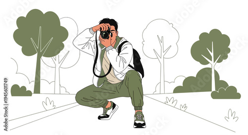 Man with Camera Squatting Outdoors in Nature, Taking Photo