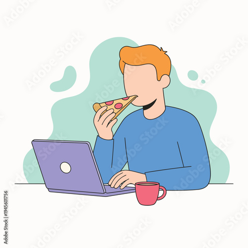 A man with red hair eats a slice of pizza while working on his laptop at a desk, with a red mug nearby.