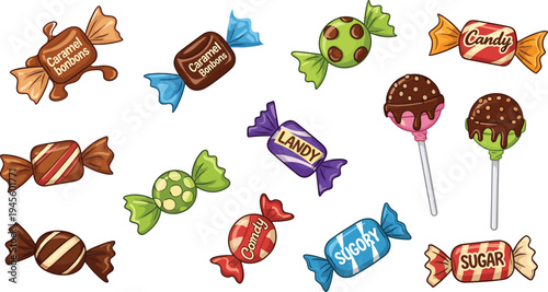 Candy and Lollipop Illustration Set Featuring Caramel Bonbons, Colorful Wrapped Candies, and Chocolate-Dipped Lollipops for Sweet Treat Graphics