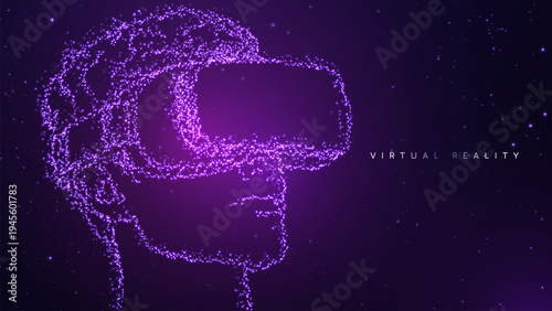 Concept of virtual reality technology, graphic of a user wearing VR headset. Digital illustration of a human head profile formed by blue glowing particles wearing a virtual reality headset. 