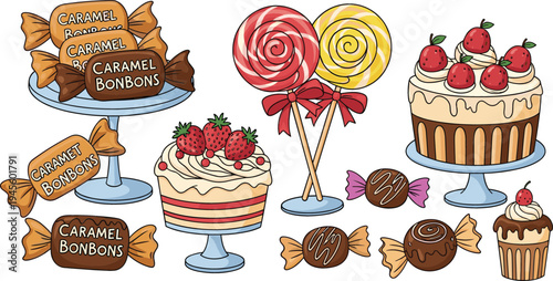 Sweet Treats and Dessert Illustration Set Featuring Caramel Bonbons, Lollipops, Cakes, and Cupcakes for Candy and Dessert Graphics