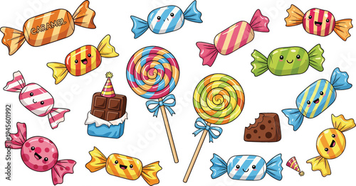 Cute Candy Illustration Set Featuring Lollipops, Caramel, Chocolate, and Colorful Wrapped Candies for Sweet Treats and Dessert Graphics