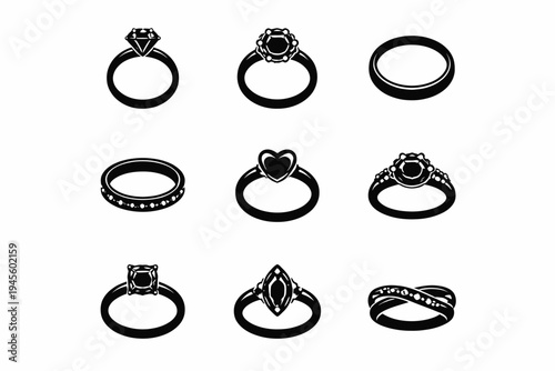 Elegant black and white diamond rings collection with various designs and gems
