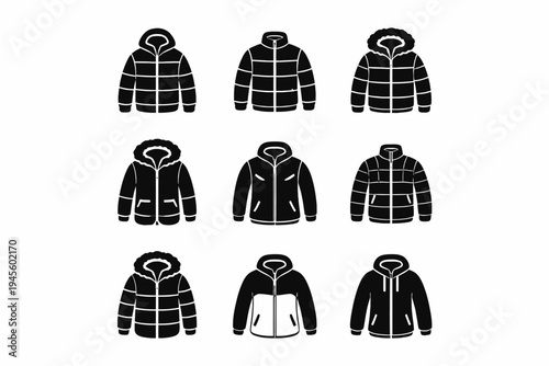Set of nine black winter jacket and coat silhouettes in various styles