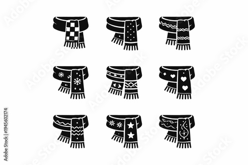 Collection of nine stylish winter scarves with unique patterns on white background