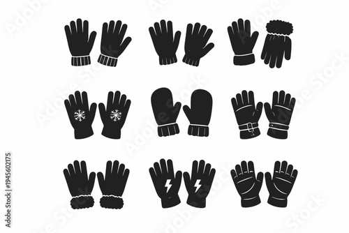 Set of various winter gloves and mittens icons in black silhouette